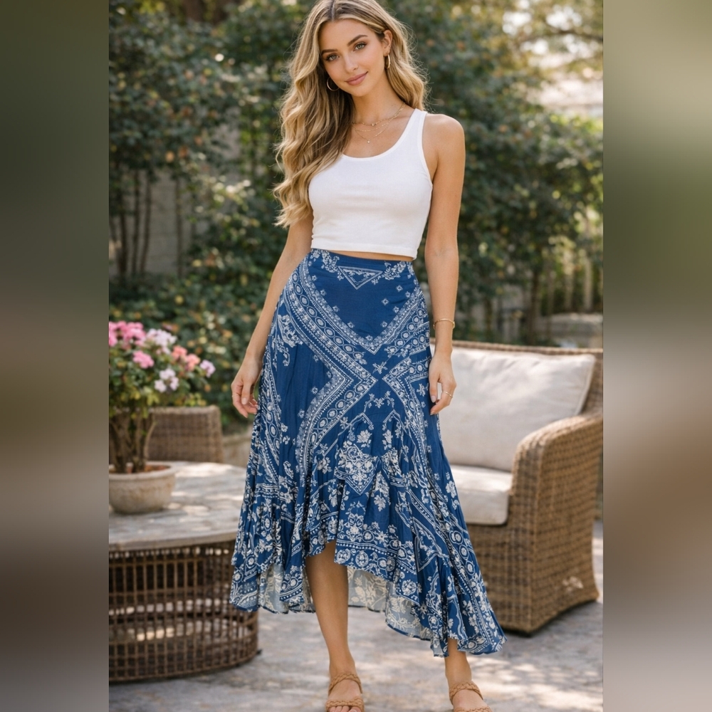 NWT, Melissa Paige, Blu/wht skirt, hi-lo, Sz LP/GP